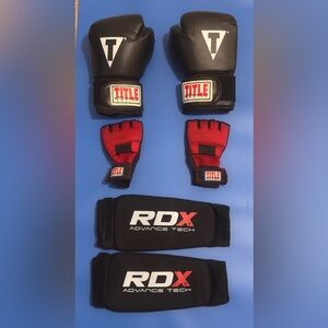 Complete Boxing/MMA Gear Set – TITLE Gloves, Hand Wraps + RDX Shin Guards